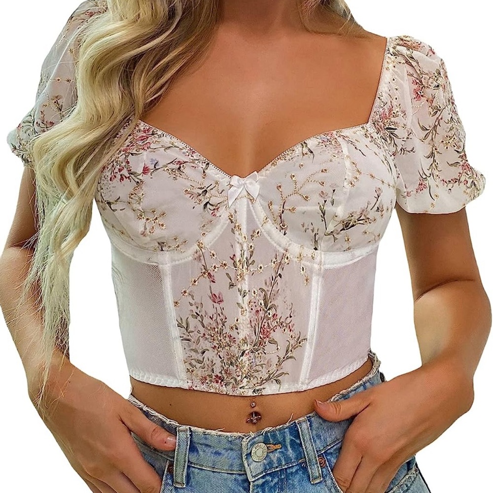 Women's Floral Puff Sleeve Bustier Crop Top Sweetheart Neck Corset Top